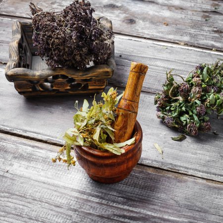 Photo for Herbal tea with herbs, dried flowers on wooden background - Royalty Free Image