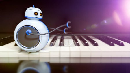 Téléchargez les photos : Doux petit robot passe sur la clé de piano - en image libre de droit