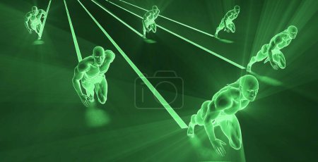 Foto de Hombres corriendo con fondo de energía verde y una gran cantidad de rayos brillantes - Imagen libre de derechos