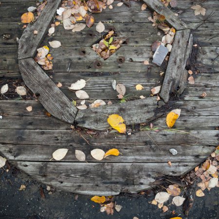 Téléchargez les photos : Fond d'automne avec planche en bois et feuilles jaunes - en image libre de droit