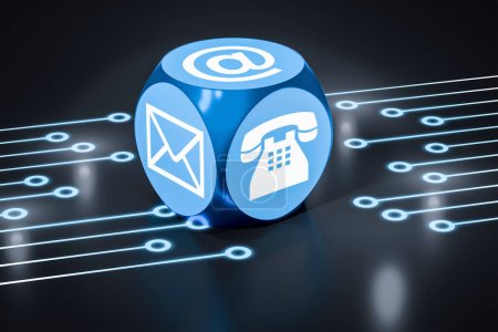 cube turquoise avec signes pour téléphone e-mail et lettre