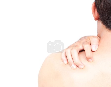 Photo for Closeup man hand itching on shoulder and back - Royalty Free Image