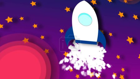 Photo for Animation of flying cartoon rocket with view from cosmos - Royalty Free Image