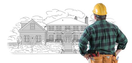 Téléchargez les photos : Entrepreneur masculin avec casque dur et ceinture d'outils regardant la maison sur mesure dessin sur blanc
. - en image libre de droit