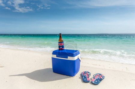 Photo for Esky thongs and a cold drink on the beach in Australia - Royalty Free Image