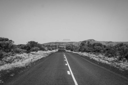 Téléchargez les photos : "Dust and bushes next to road at Karijini National Park Australia in black and white" - en image libre de droit