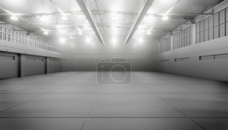 Foto de Almacén oscuro vacío moderno con humo al final - Imagen libre de derechos