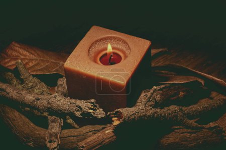 Photo for Candle brown on wooden table - Royalty Free Image