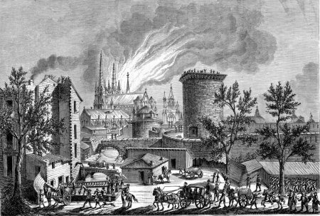 Photo for Fire at St. Andrew's Cathedral in Bordeaux, August 25, 1787, vintage engraving - Royalty Free Image