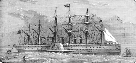 The Great-Eastern reeling off the telegraph cable, vintage engraving