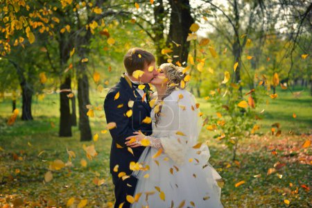 Téléchargez les photos : Baiser d'un couple nouvellement marié dans un parc d'automne - en image libre de droit
