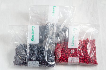 Foto de Bayas colocadas en bolsas y preparadas para la congelación y el almacenamiento, vista superior - Imagen libre de derechos