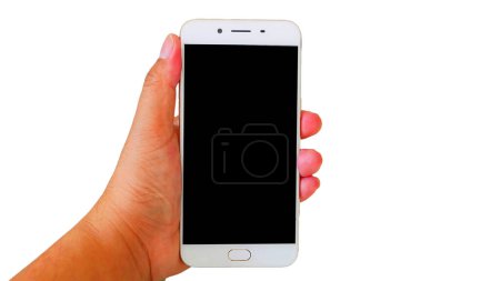 Foto de Mujer de la mano sosteniendo teléfono inteligente moderno sobre fondo blanco - Imagen libre de derechos