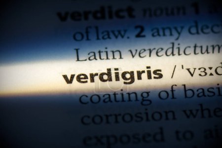 Foto de Verdigris palabra, resaltado en el diccionario, vista de cerca - Imagen libre de derechos