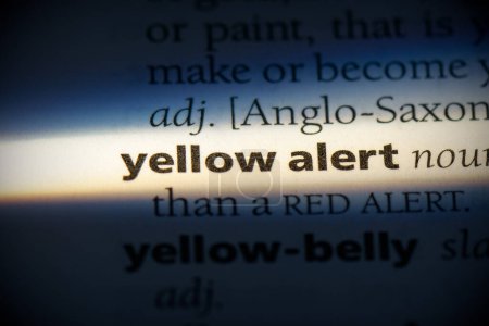Foto de Palabra de alerta amarilla, resaltada en el diccionario, vista de cerca - Imagen libre de derechos