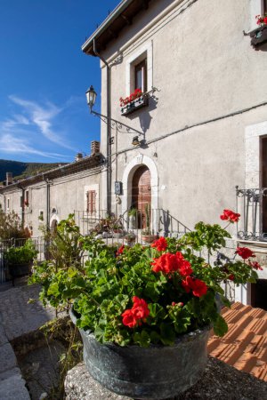 Téléchargez les photos : Fleurs rouges dans le village en italie - en image libre de droit