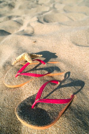 Téléchargez les photos : Sandales sur la plage dans le sable - en image libre de droit