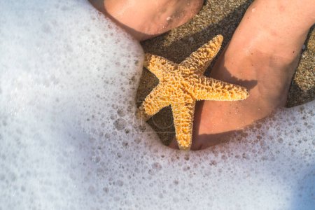 Téléchargez les photos : Étoile de mer et pieds sur la plage - en image libre de droit