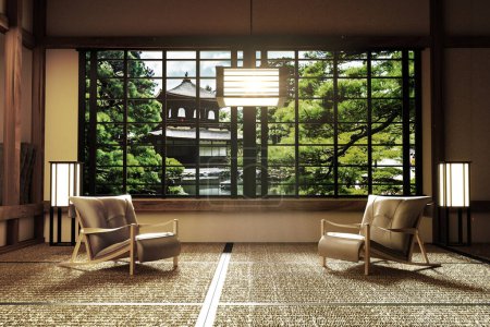 Téléchargez les photos : Décoration intérieure, salon moderne avec chaises, lampe, tatami sur le sol - en image libre de droit