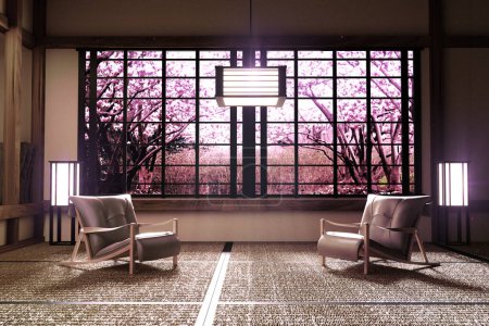 Téléchargez les photos : Sakura vue sur la fenêtre de l'arbre à l'intérieur de la chambre avec, style zen, illustration 3D - en image libre de droit