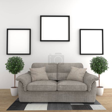 Foto de Afiche sencillo con sofá y plantas en pared blanca en salón - Imagen libre de derechos