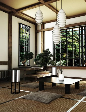 Téléchargez les photos : Design intérieur du salon avec table, tatami tapis sur le sol - en image libre de droit