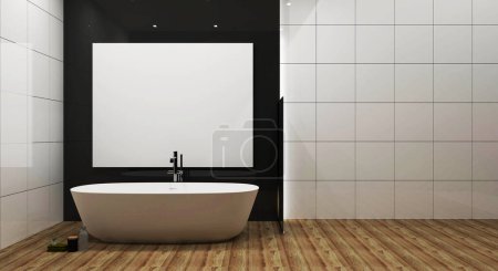 Téléchargez les photos : Carrelage blanc et mur brillant gris salle de bain intérieure avec baignoire blanche - en image libre de droit