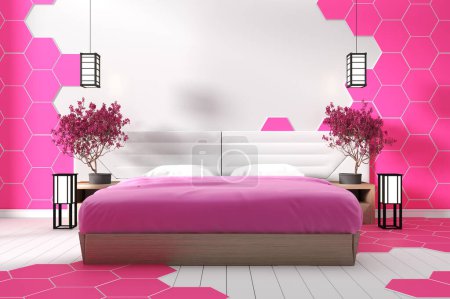 Téléchargez les photos : Design moderne chambre blanche carrelage hexagonal rose - Style zen - en image libre de droit