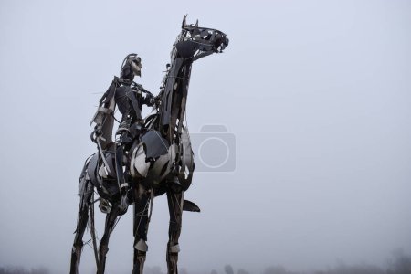 Téléchargez les photos : La sculpture gaélique du chef a l'air héroïque alors qu'elle est entourée de brouillard près de Boyle dans le comté de Roscommon en Irlande - en image libre de droit