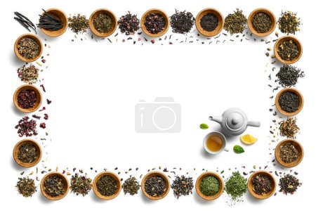 "Large assortment of tea on a white background. The view from the top"