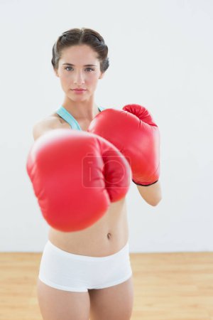 Téléchargez les photos : Belle femme en gants de boxe rouge à la salle de fitness - en image libre de droit