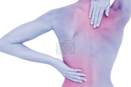 Foto de "Vista trasera de una mujer joven en topless en forma con dolor de espalda
" - Imagen libre de derechos