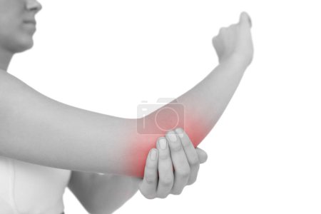 Photo for Woman touching her sore elbow isolated on white - Royalty Free Image