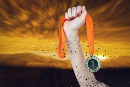 Photo for Composite image of athlete holding gold medal after victory - Royalty Free Image