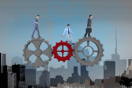 Photo for Businessmen walking on gear wheels, business concept background - Royalty Free Image