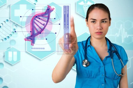 Téléchargez les photos : Docteur pointant sur l'ADN. Concept de santé et de médecine - en image libre de droit