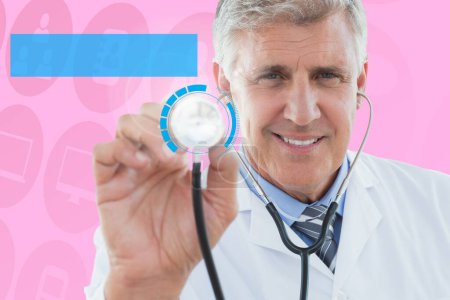 Photo for Digital composite of doctor holding stethoscope and digital background - Royalty Free Image