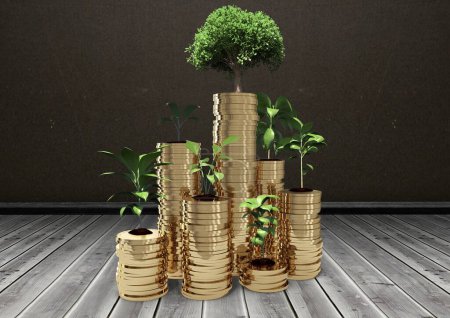 Photo for Trees on coins on wooden background - Royalty Free Image