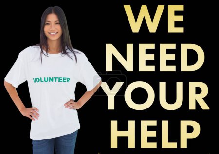 Photo for Smiling volunteer next to slogan against black background - Royalty Free Image