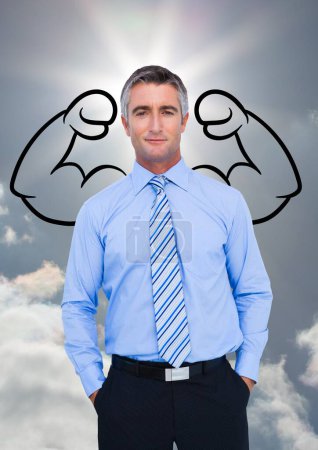 Téléchargez les photos : Homme d'affaires confiant et dessin sur fond de ciel - en image libre de droit