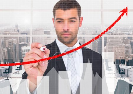 Photo for Digital composite of businessman holding graph with red arrow - Royalty Free Image