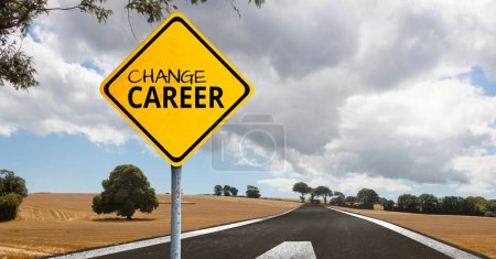 Photo for Change career text and road sign against countryside road background - Royalty Free Image