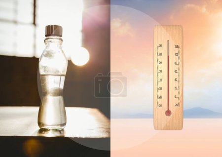 Téléchargez les photos : Photo partagée entre une bouteille et un thermomètre - en image libre de droit