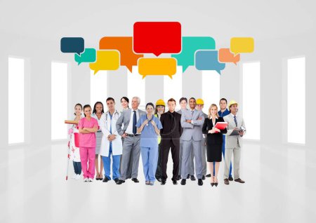 Photo for Group of workers with speech bubbles above - Royalty Free Image