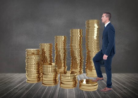 Photo for Businessman using stairs made with coins - Royalty Free Image
