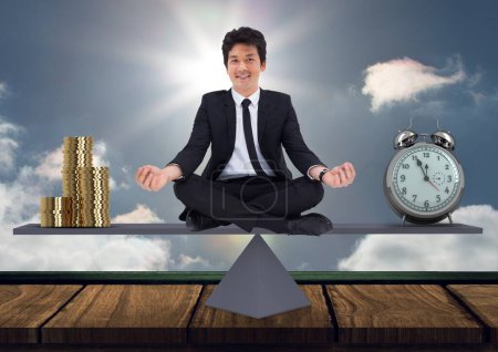Photo for Businessman sitting on scale, money and time concept - Royalty Free Image