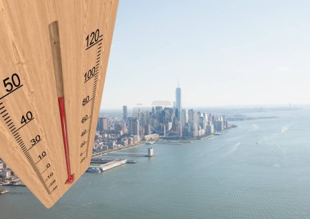 Photo for Wooden thermometer against city background - Royalty Free Image