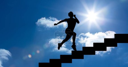 Photo for Digital composite of man running up stairs - Royalty Free Image