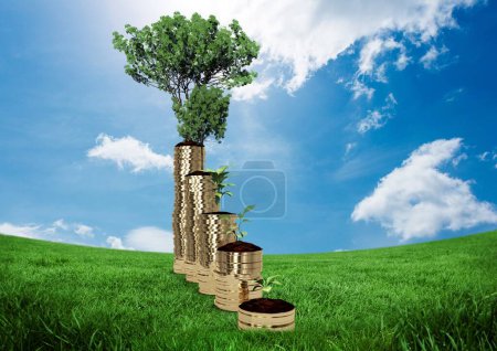 Photo for Tree planted on money against countryside background - Royalty Free Image