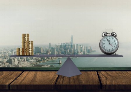 Photo for Clock and money on balance against office city background - Royalty Free Image